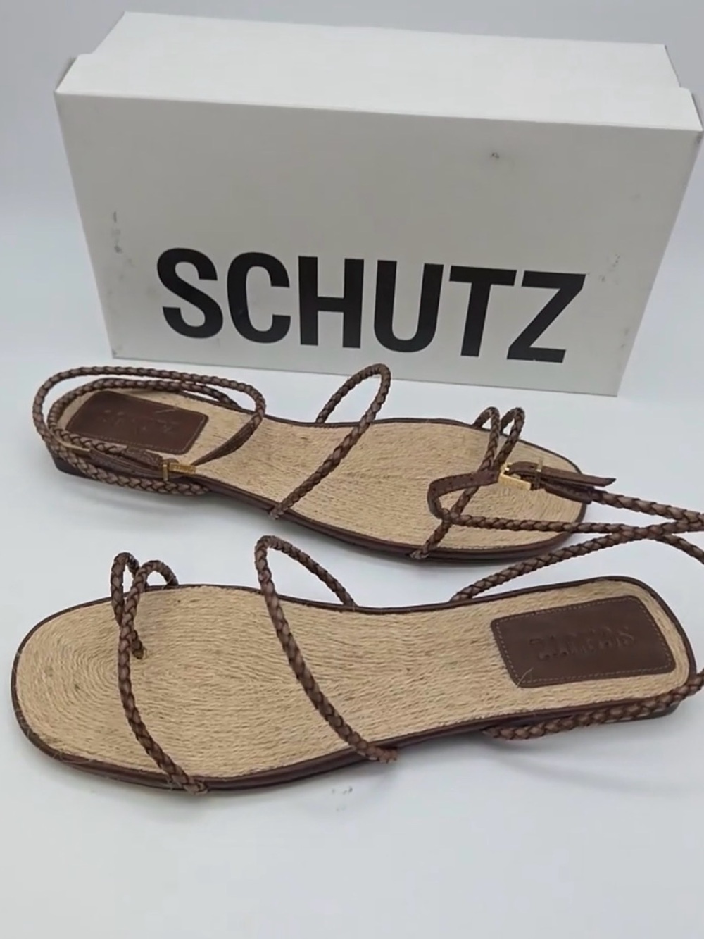 Schutz Kaya Straw Flat Sandals Brown Braided Leather NIB Size 9.5